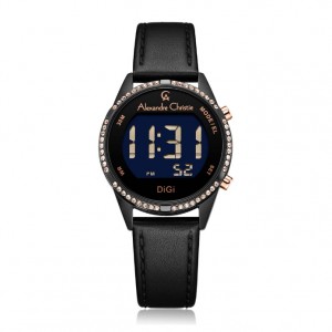 Alexandre Christie AC 9354 Full Black Rosegold Leather Diamond Digital LHLIPBARG
